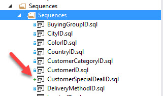 The newly added item, CustomerSpecialDealID.sql, has a plus icon next to it.